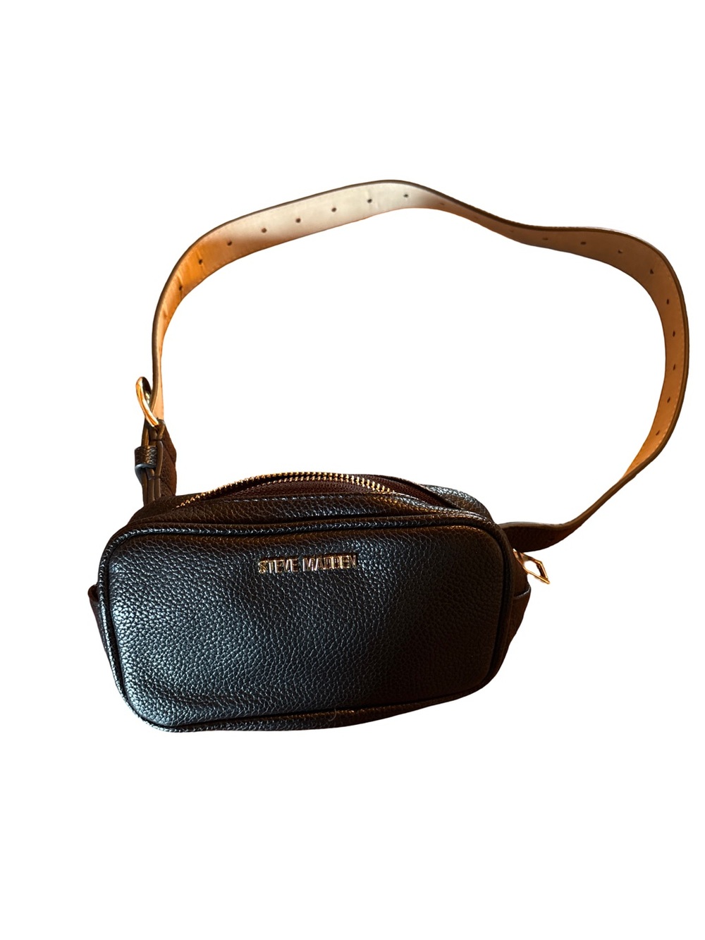 Steve Madden Black Pebbled Leather Crossbody Belt Bag with Tan Strap